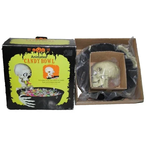 Gemmy Animated Halloween Motion Skull Candy Bowl Eyes Pop Talks Tongue Works